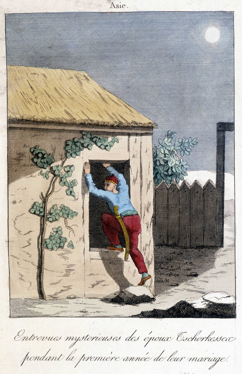 Tabulka z roku 1811 ilustrující záhadné rozhovory Tscherkessenových manželů během prvního roku jejich manželství (Asie). od Unknown artist