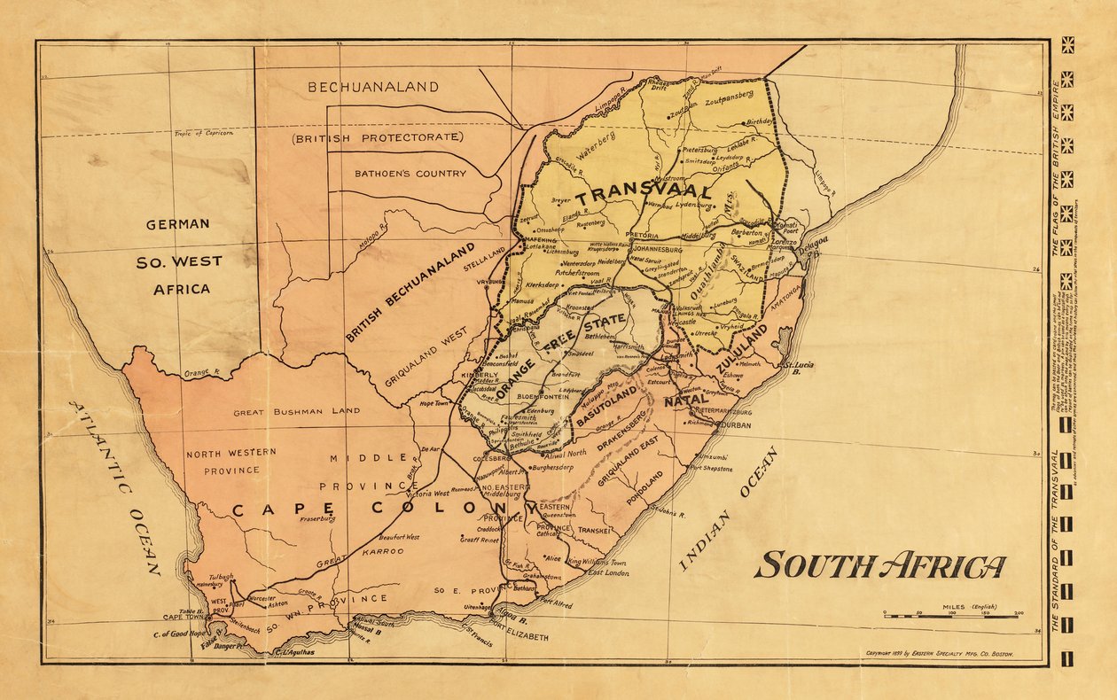 1899 mapa Jižní Afriky během druhé búrské války (barevná rytina) od Unknown artist