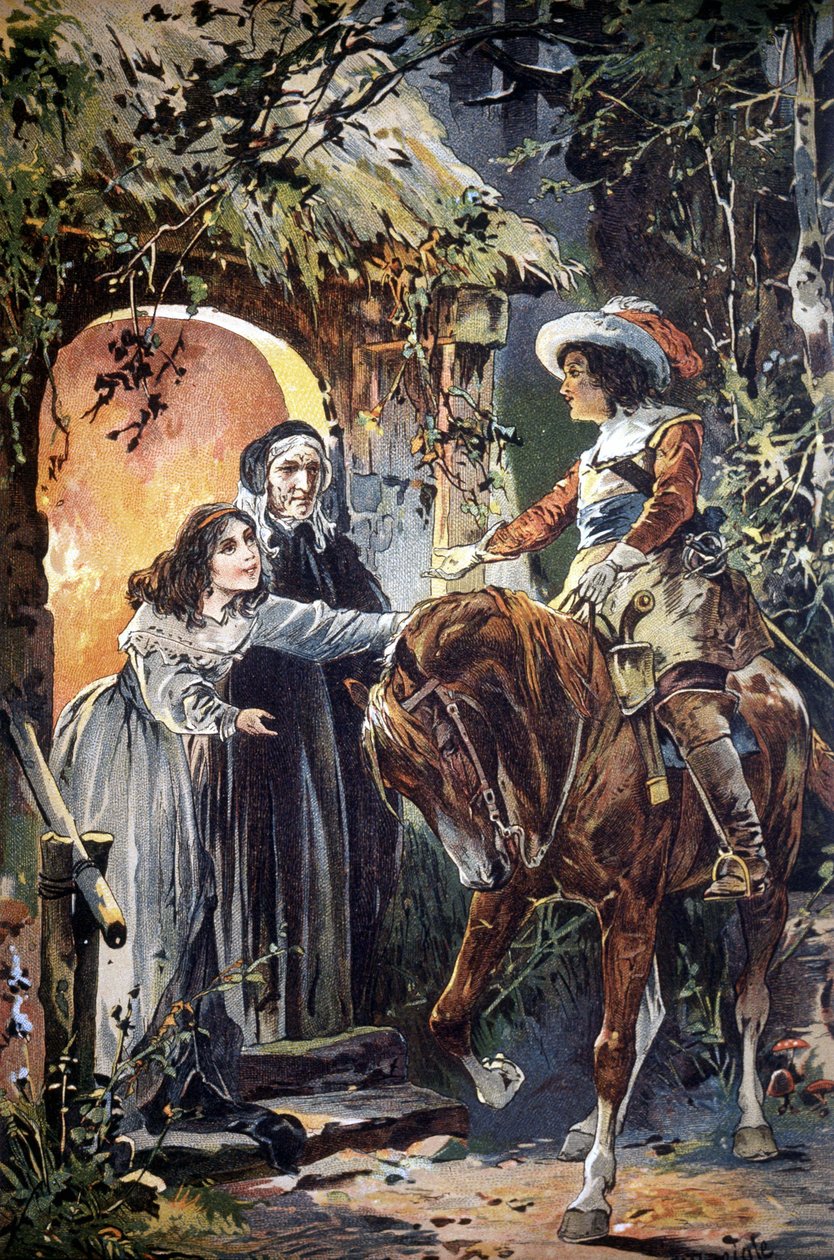 Ilustrace z 19. století zobrazující epizodu dětské bajky: rytíř na návštěvě mladé dívky a její babičky. Rytina. od Unknown artist