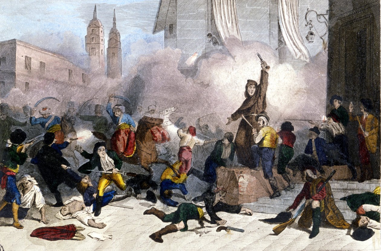 5.2.1808: Madridské povstání proti francouzskému ovládnutí Španělska. Rytina 19. století od Unknown artist