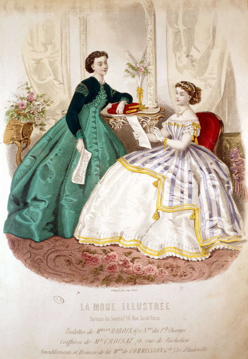2 ženy čtou: záchod slečny Raboinové a účesy M. Croisatové – v „La Mode illustrated““ od Unknown artist