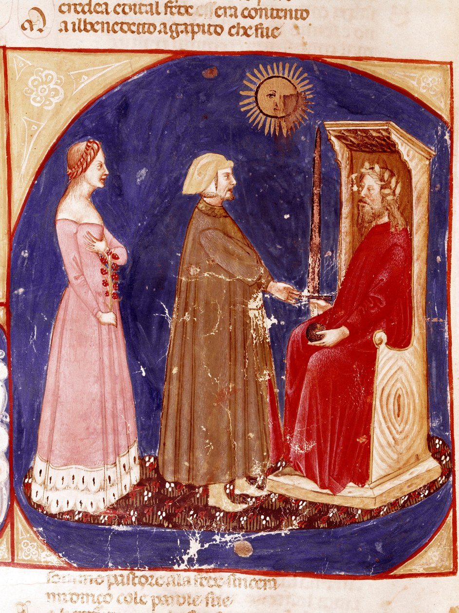 2. nebe: Dante a Beatrice čelí římskému císaři Justiniánovi v 1. nebi ráje. Osvětlená stránka ilustrující píseň Paradise z „Divina Commedia“ od Dante Alighieriho (1265-1321). 14. století, Benátky, Biblioteca Marciana od Unknown artist