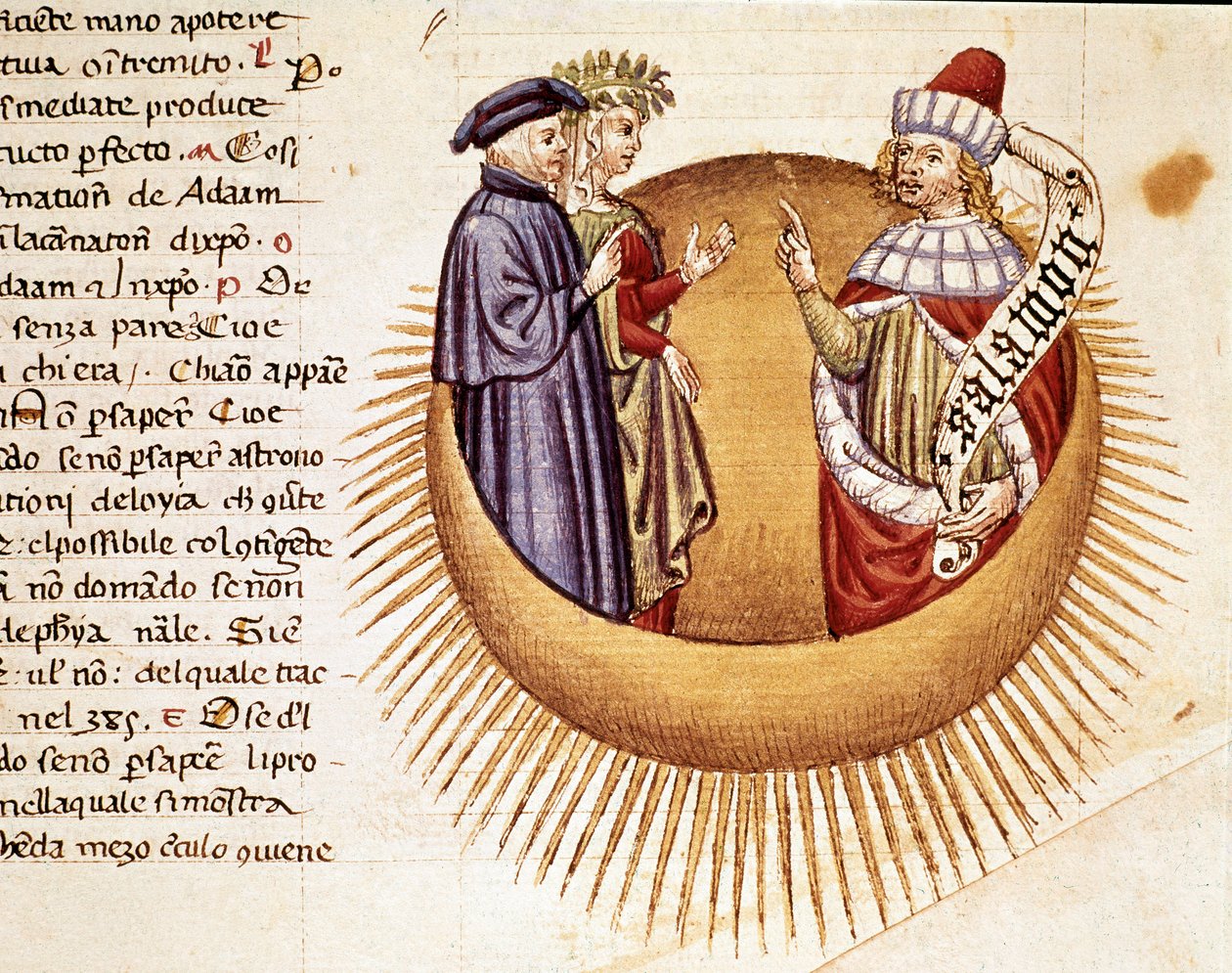 4. nebe: Dante a Beatrice se setkávají s králem Šalamounem. Osvětlená stránka ilustrující píseň Paradise z „Divina Commedia“ od Dante Alighieriho (1265-1321). 14. století, Benátky, Biblioteca Marciana od Unknown artist