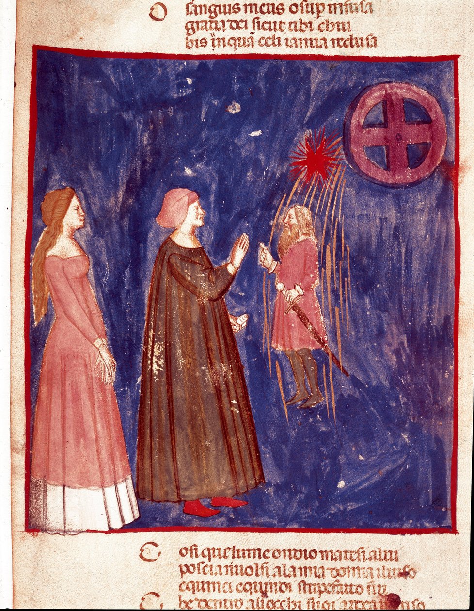 5. nebe: Dante a Beatrice se setkávají s lordem Cacciaguidou v nebeské sféře duší bojovníků. Osvětlená stránka ilustrující píseň Paradise z „Divina Commedia“ od Dante Alighieriho (1265-1321). 14. století, Benátky, Biblioteca Marciana od Unknown artist