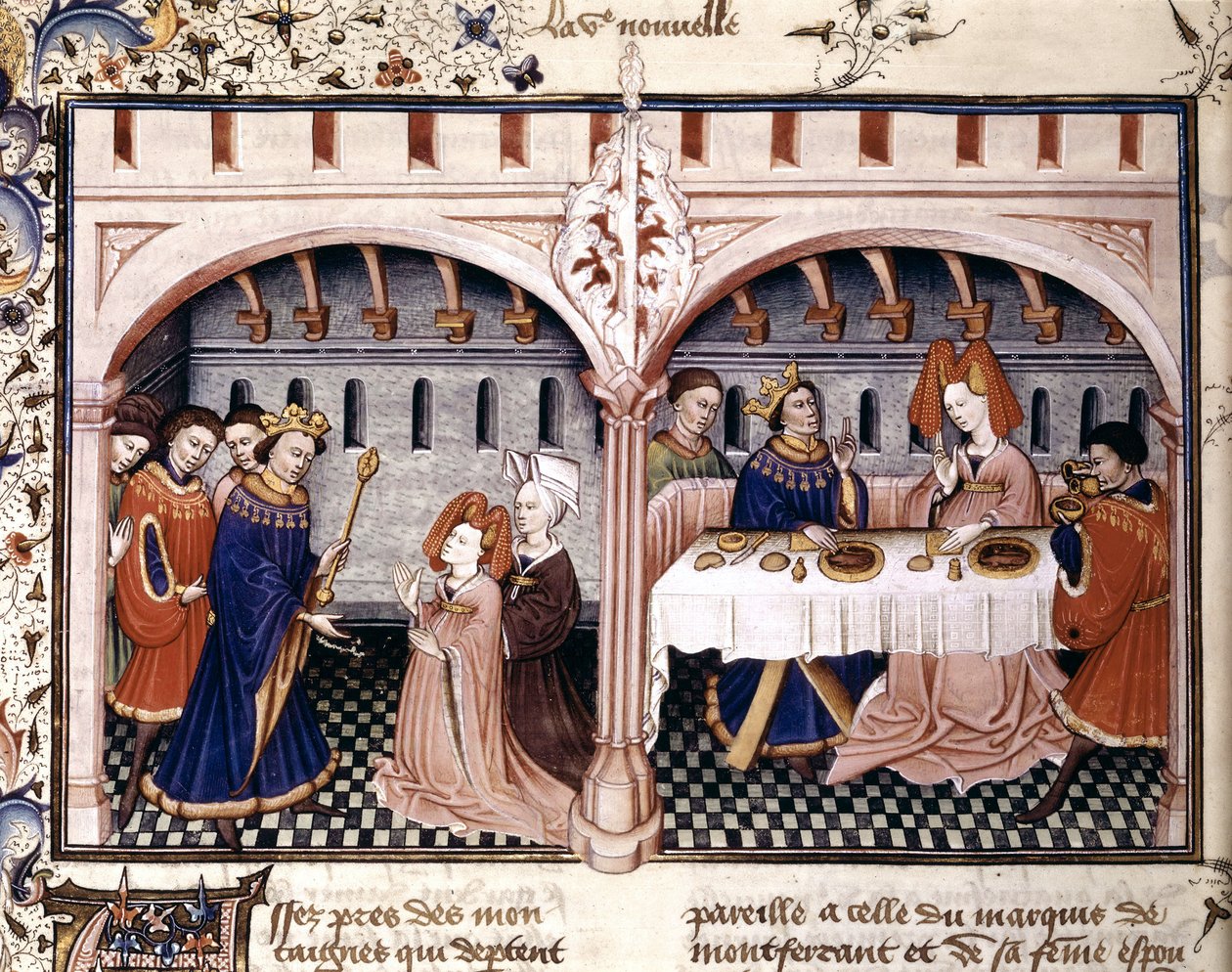6. povídka: Giovanna na obědě s Federigem Alberighim, je iluminace vytažená z Boccacciova Dekameronu (1432) od Unknown artist