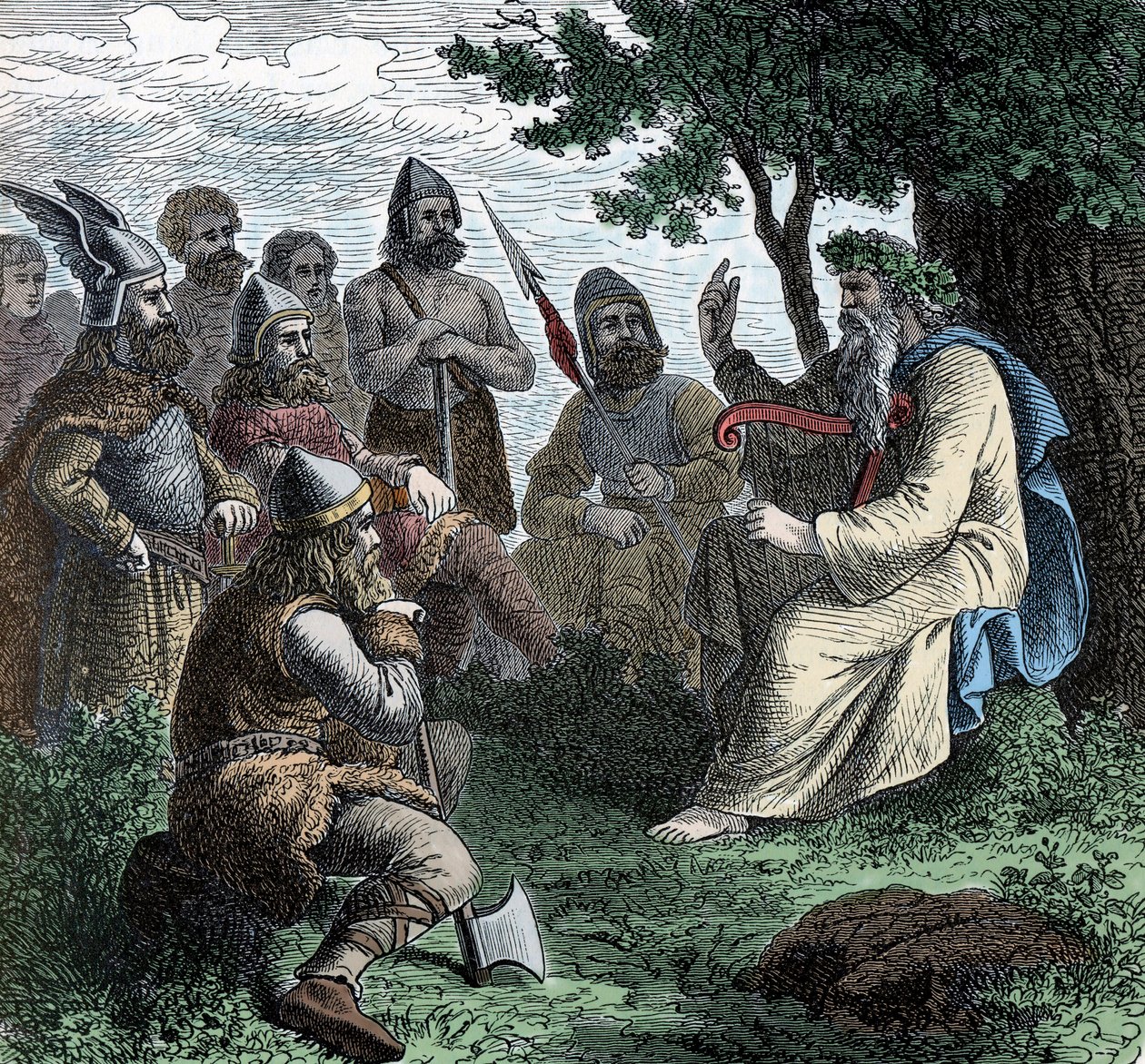 Bard recitující seveřanům - Vikingská civilizace: Bard Druid recituje poezii válečníkům, 8.-9. od Unknown artist