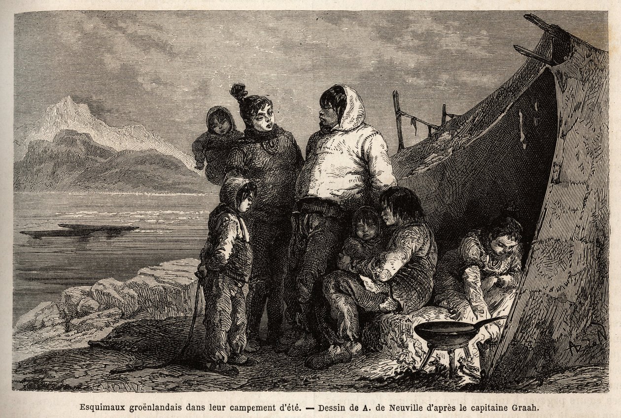 Rodina Grónských Inuitů ve svém letním táboře skinů. Rytina k ilustraci plavby do volného moře arktického pólu od doktora Hayese, chirurga námořnictva Spojených států, v letech 1860-1862, publikovaná v „Le tour du monde, nouveau journal des voyages“, uprav od Unknown artist