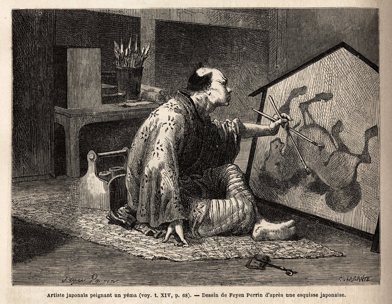 Japonský umělec malující yema (legendární malba koní). Rytina pro ilustraci plavby do Japonska v letech 1863-1864 od Aime Humberta, ministra Švýcarské konfederace, v „“Le tour du monde, nouveau journal des voyages““ vydaném pod vedením od Unknown artist