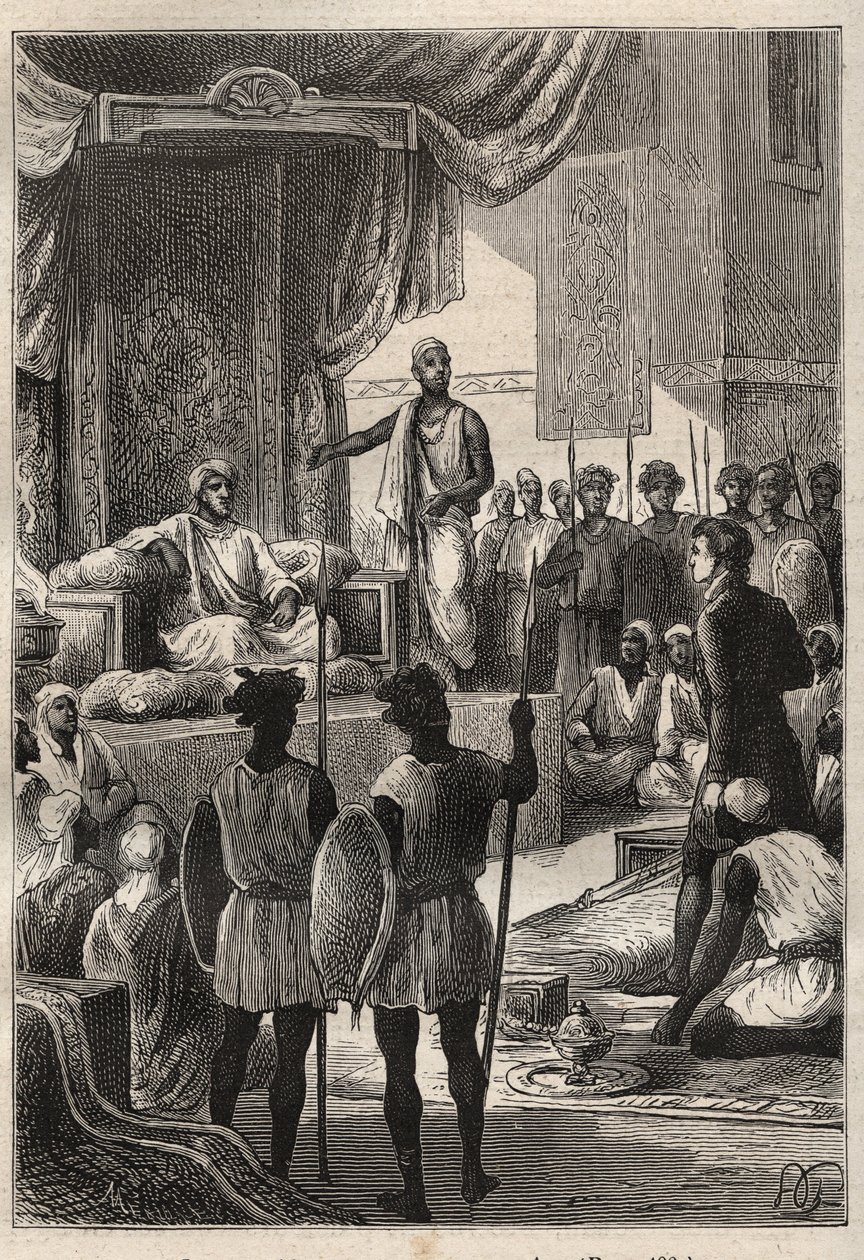 Cesta (1792-1795) do Egypta a na Blízký východ William George Browne (1768-1813): Browne se setkává se sultánem z Dárfúru Aldem el Raschmanem (Abd-er-Rahman, známým jako El-Rachid nebo Spravedlivý), v El Fasher (Al-Fashir, Súdán) v roce 1793 - ilustrace z  od Unknown artist