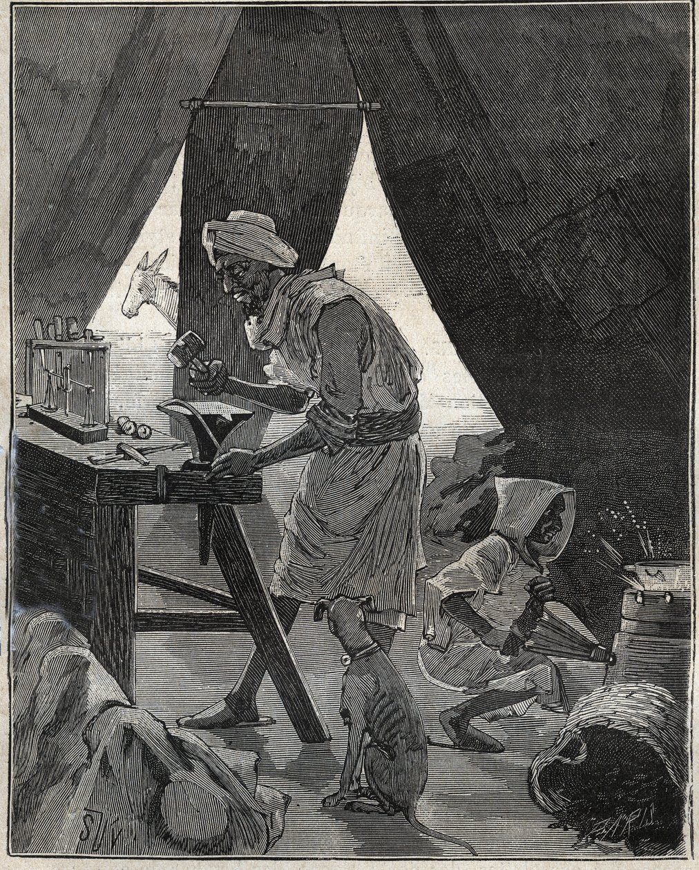 Klenotník Kabyle v Alžírsku v 19. století. Rytina z roku 1885 v „“Les arts et metiers illustres““ od Adolphe BITARDA. od Unknown artist