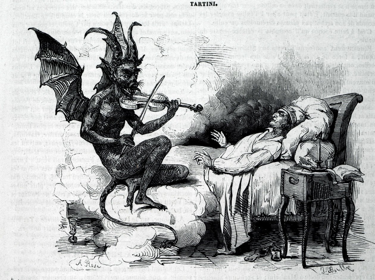 Satyre hrající na housle před Giuseppem Tartinim (1692 - 1770), italským skladatelem, houslistou a teoretikem. Rytina 19. století. od Unknown artist