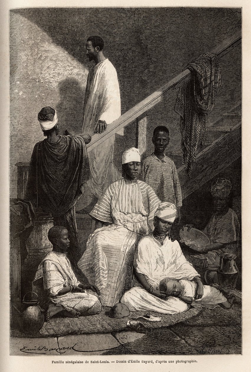 Senegalská rodina ze Saint Louis (Saint Louis). Rytina k ilustraci plavby na pobřeží Afriky od viceadmirála Fleuriota de Langle, v roce 1868, publikovaná v „“Le tour du monde“““ 1872, editoval Edouard Charton, vydání Hachette, Paříž. Společnost Selva Co od Unknown artist