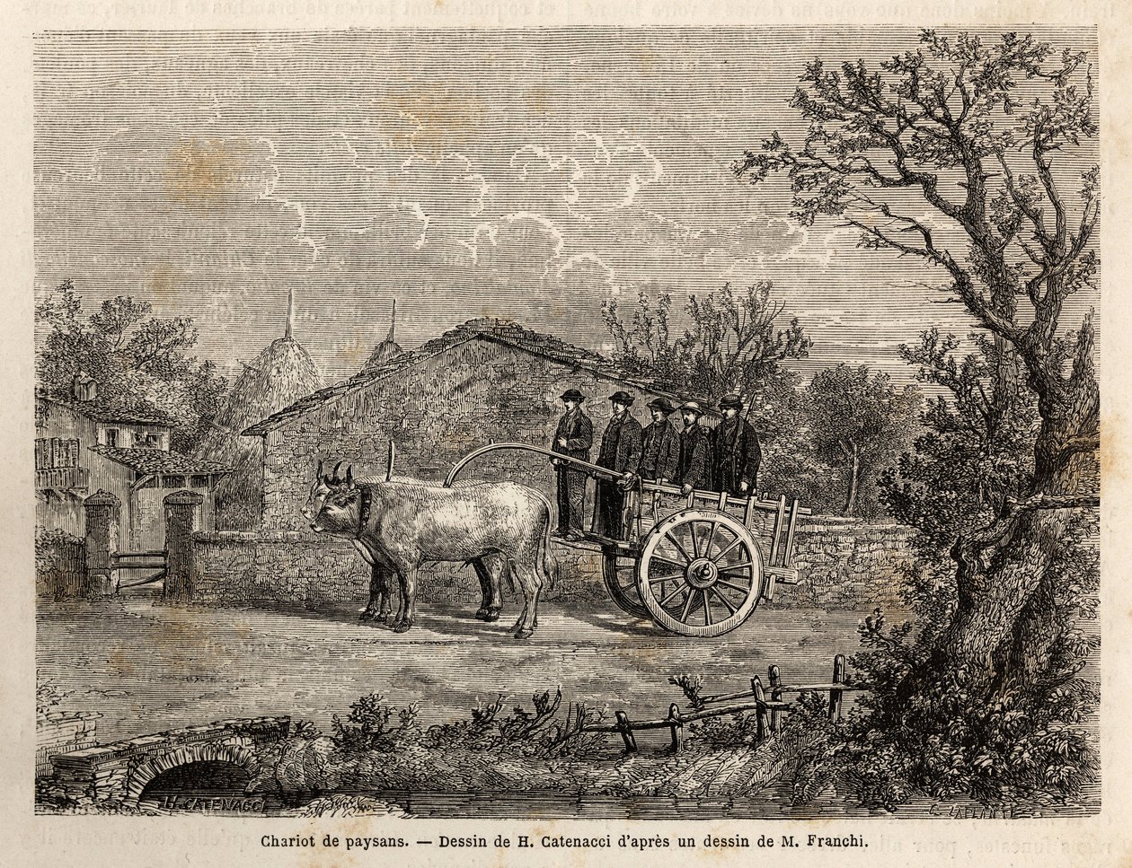 Sienský povoz rolníků, má dvě kola, pro přepravu sudů s vínem, tažený párem malých bílých volů. Engravure pour illustrrer un voyage à Siena (Itálie) v roce 1865, v „“ Le tour du monde, nouveau journal des voyages““ publikovaném pod rej. od Unknown artist