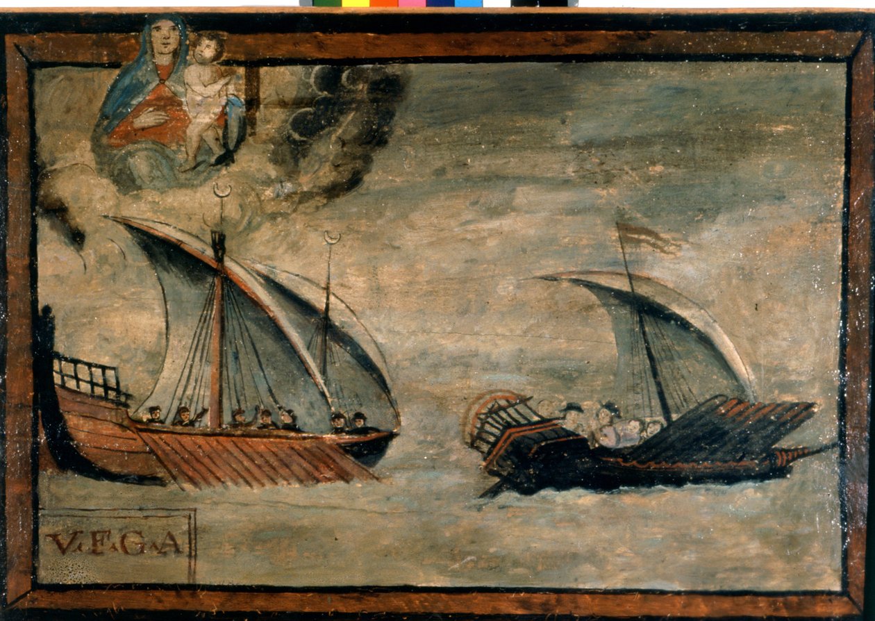 Turecká galéra pronásleduje galéru z Neapolského království. Ex-voto 17. století. Kostel Madonna dell