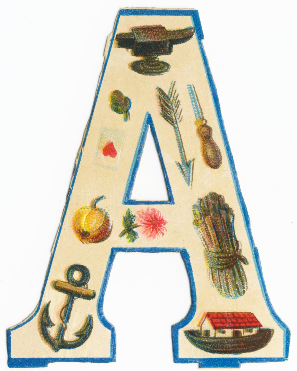A: kovadlina, artyčok, šíp, srdeční eso, šídlo, jablko, astra, kotva, Noeův oblouk, chřest (barva litho) od Unknown artist
