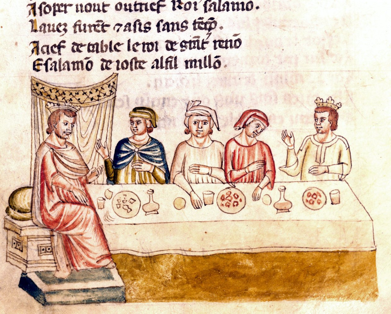 Banketová scéna: král a jeho hosté – Miniatura z kodexu „Vstup Španělska““ (Ms.Franc.21) 14. století. Biblioteca Marciana, Benátky. od Unknown artist