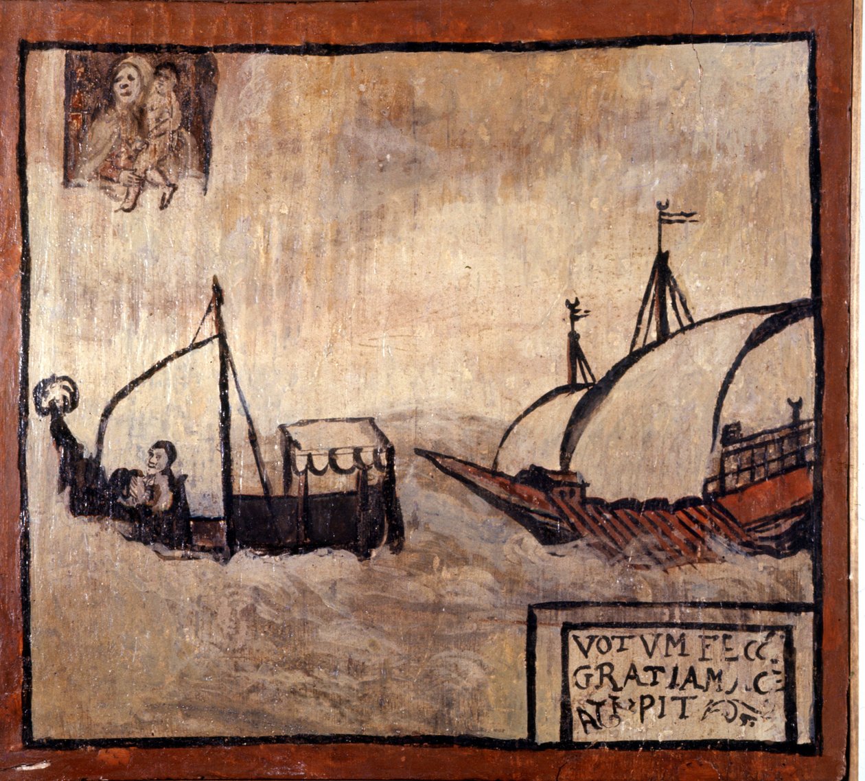 Barbarská galéra pronásleduje loď neapolských rybářů. Ex-voto 17. století. Madonna dell