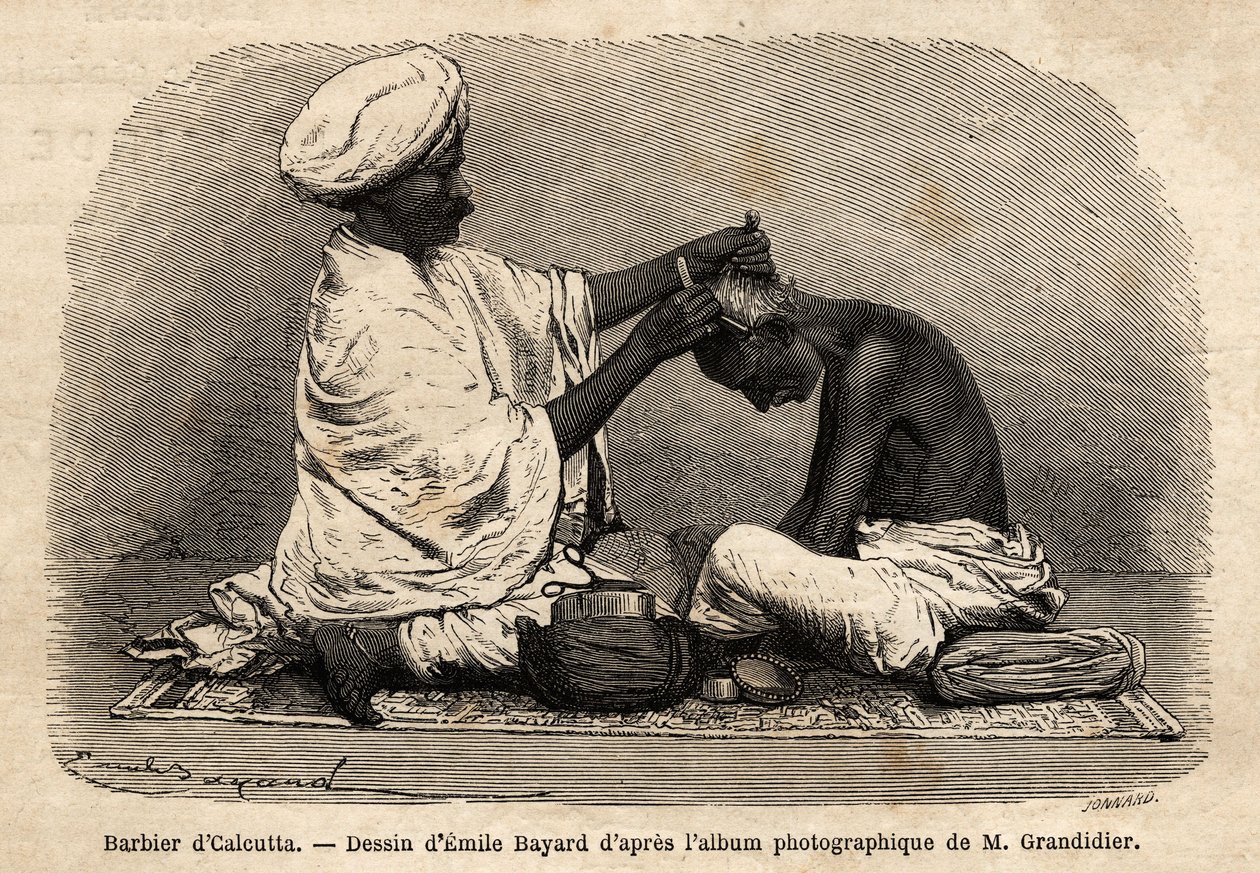 Holič pracující v ulicích Kalkaty. Rytina k ilustraci plavby v poledních provinciích Indie, od Alfreda Grandidiera, v letech 1862-1864, publikovaná v „” le tour du monde””, editoval D