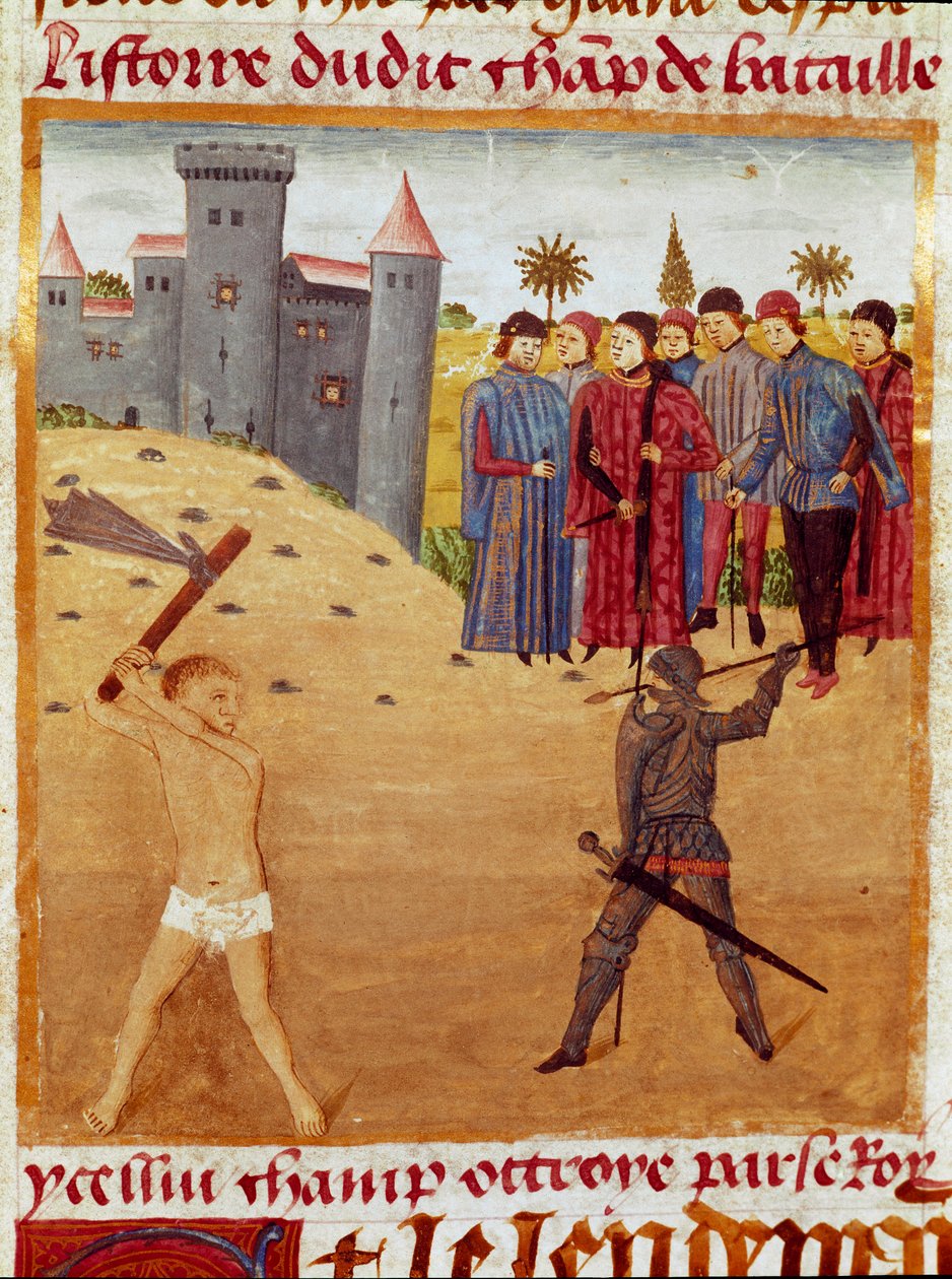 Bitva mezi makedonskou a aténskou miniaturou převzatá z „Knihy faktů o Alexandru Velikém“ od Quinta Curtius Rufus (Quinte Curce) (1. století), asi 1468. (Ms 1335) Remeš. Městská knihovna od Unknown artist