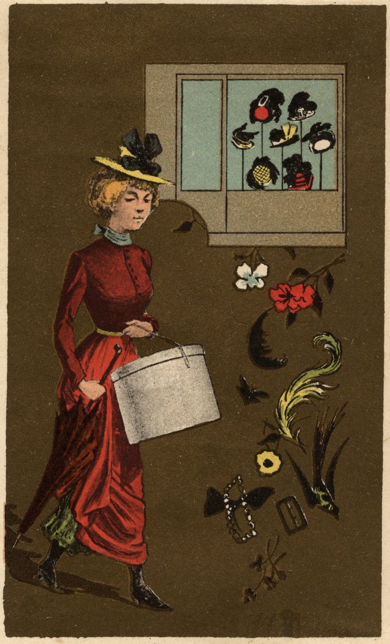 Buržoazní žena nesoucí krabici na klobouky, anonymní chromolitografie, konec 19. století. od Unknown artist