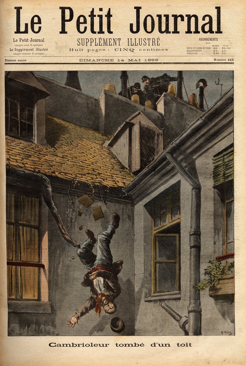 Zloděj padá ze střech ulice Notre Dame v Nazaretu, aby prchl před policisty. Rytina v „“ Le petit journal“ 14/5/1899. Kolekce Selva. od Unknown artist