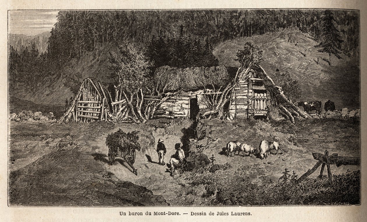 Buron z Mont-Dore (Mont Dore), budova nacházející se na horských pastvinách ve střední Francii, funguje sezónně a používá se k výrobě sýra od května do října a k ustájení krav. Rytina znázorňující cestu k sopkám střední Francie v roce 1864, od Unknown artist