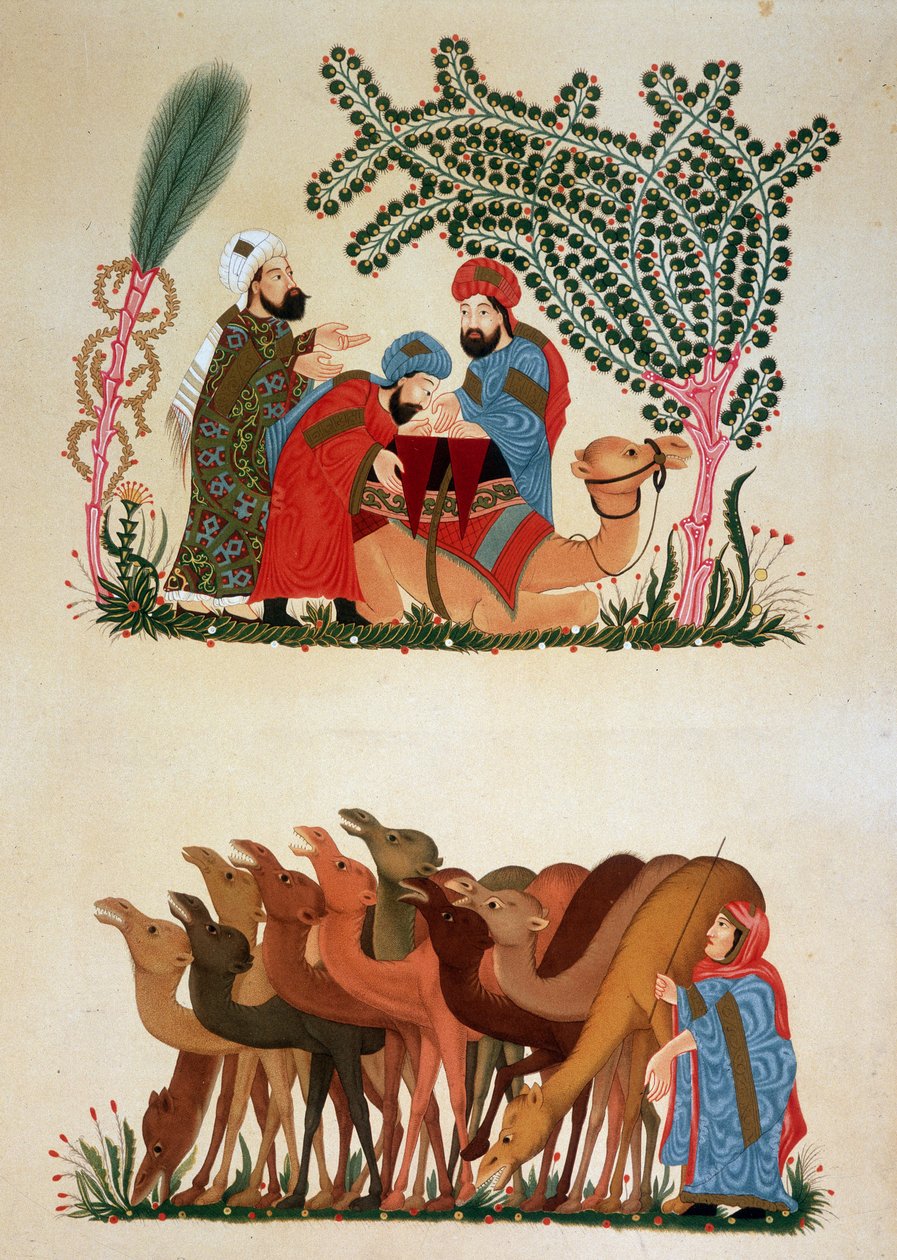 Karavan v pohybu. Ilustrace 13. století „“ Maqamat“ (Seance) od Abu Mohammeda al-Kasim ibn Ali Hariri (nebo Al-Hariri nebo Al Hariri) (1054-1122) v „arabském umění““ z památek v Káhiře od 7. století do 18. století P od Unknown artist
