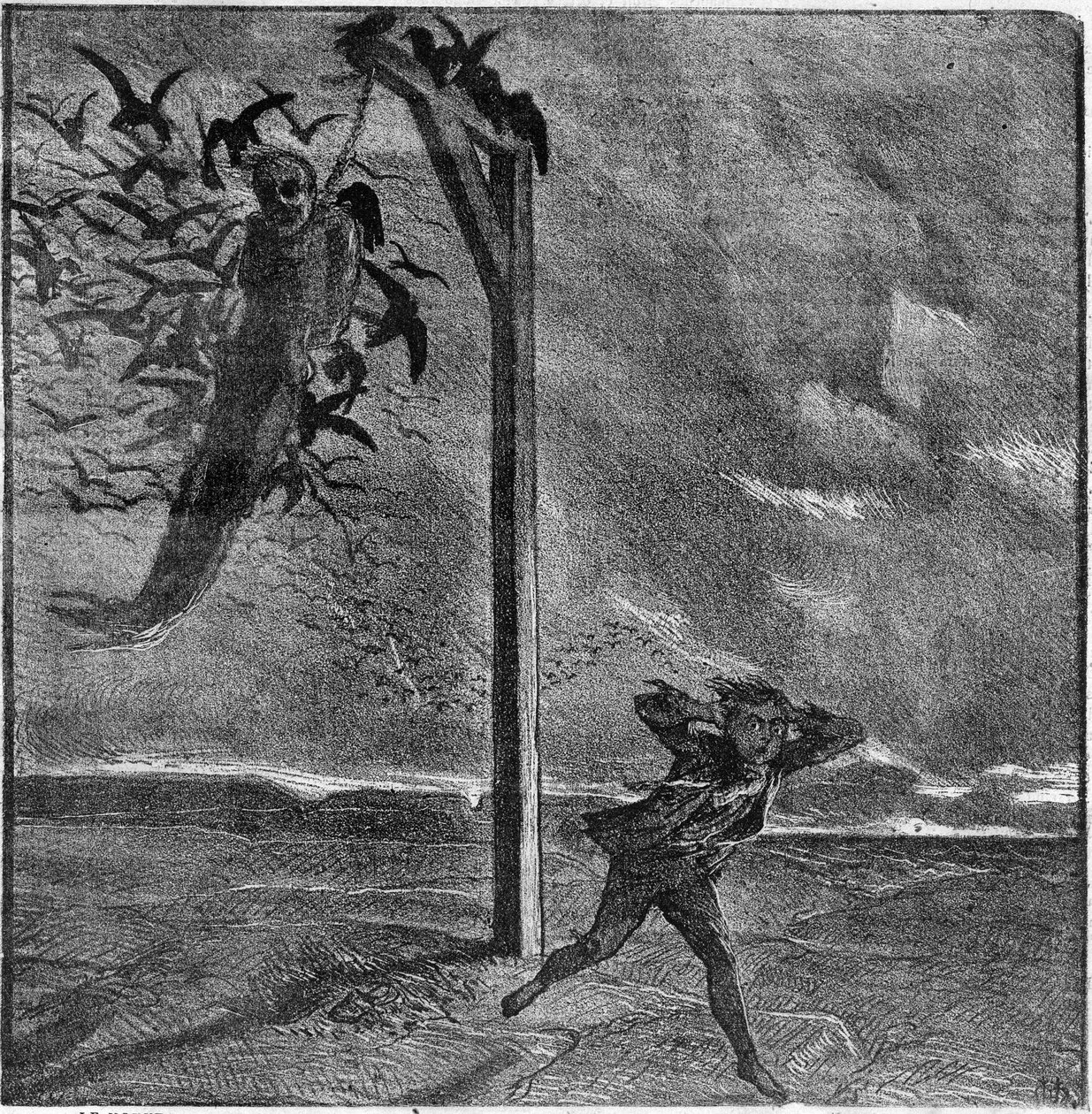 Dítě vyděsí pohled na oběšeného muže požíraného vránami - Ilustrace „Muž, který se směje“ od Victora Huga (1802-1885) – Rytina v „“ Le Journal Illustrée““ od Unknown artist