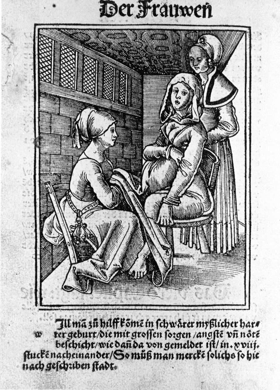 Porod. Xylografie Konrada Merkela po „Těhotných ženách a porodních asistentkách Rosengarten“, Hagenau od Unknown artist