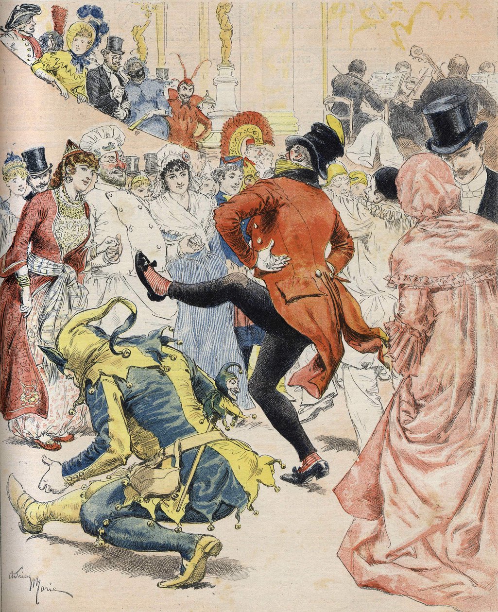 Kostýmní ples v 19. století. Ilustrace Adrien Marie - v „“Nedělním slunci““ z ledna 1893. Kolekce Bianchetti od Unknown artist