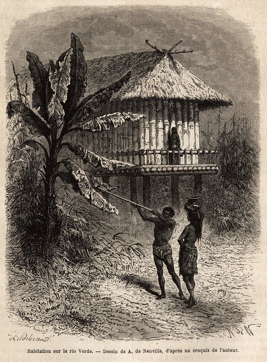 Pár Indů z Rio Verde (Brazílie), muž se svým sarbacanem, před typickým domem na kůlech. Rytina k ilustraci plavby do Nové Granady, od Dr. Saffraye, v roce 1869, publikovaná v “”Le tour du monde”””” 1873, editoval Edouard Charton, e. od Unknown artist