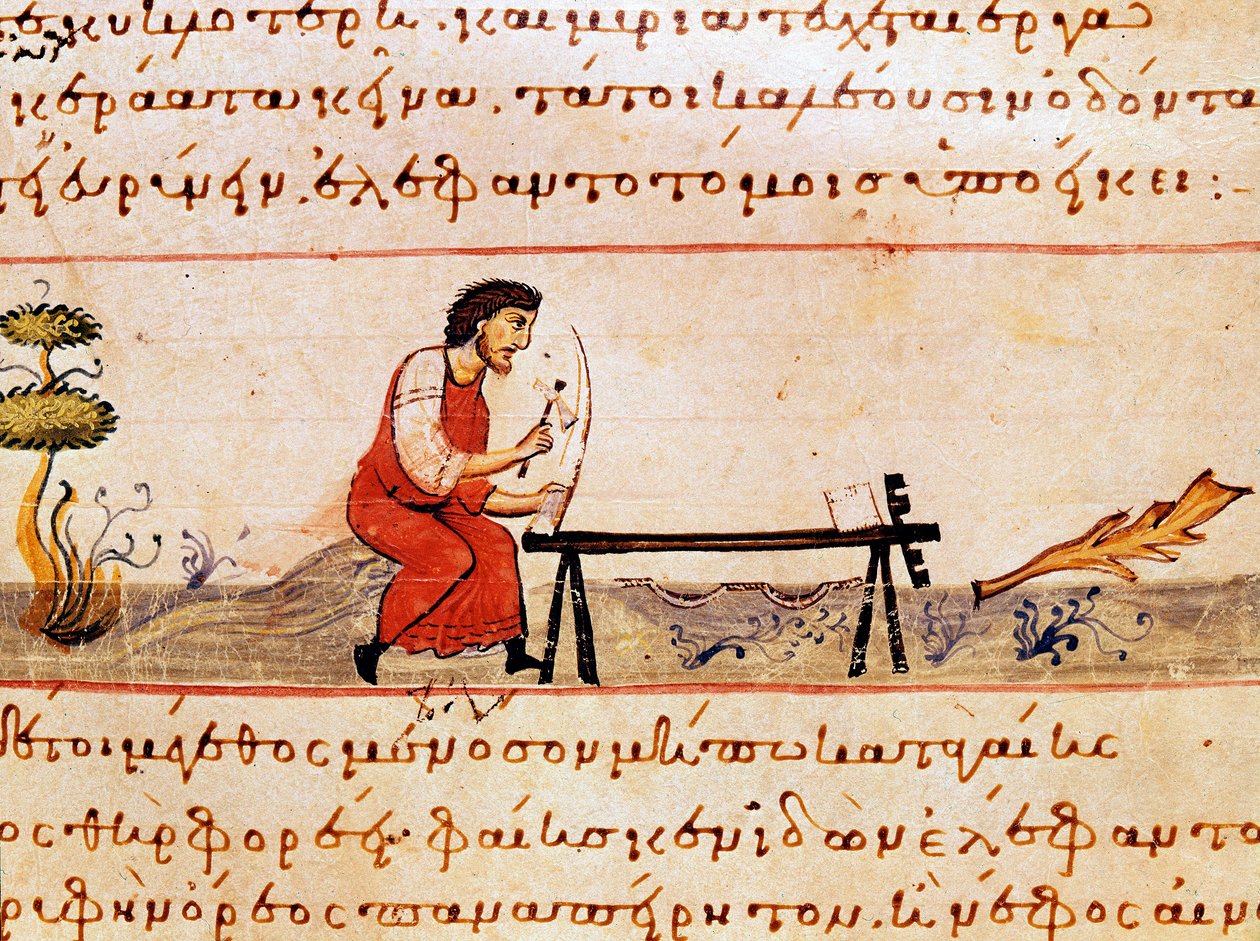 Řemeslník pracující se slonovinou. Miniatura z loveckého řemesla "" The Cynegetics "" od Oppiana (Oppian nebo Oppianus) ze Sýrie (3. století našeho letopočtu) věnovaná Caracallovi. Benátky 11. století. Knihovna Marciana od Unknown artist