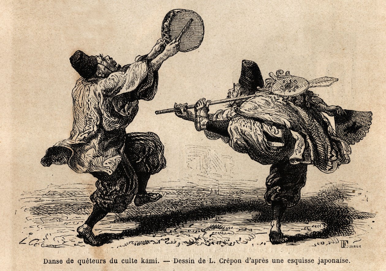 Tanec přednesu kultu Kami s recitací litanií a neočekávanými choreografickými figurami. Rytina pro ilustraci cesty do Japonska od Aime Humberta, ministra Švýcarské konfederace, v letech 1863-1864, publikovaná v „“ le tour du monde““, od Unknown artist