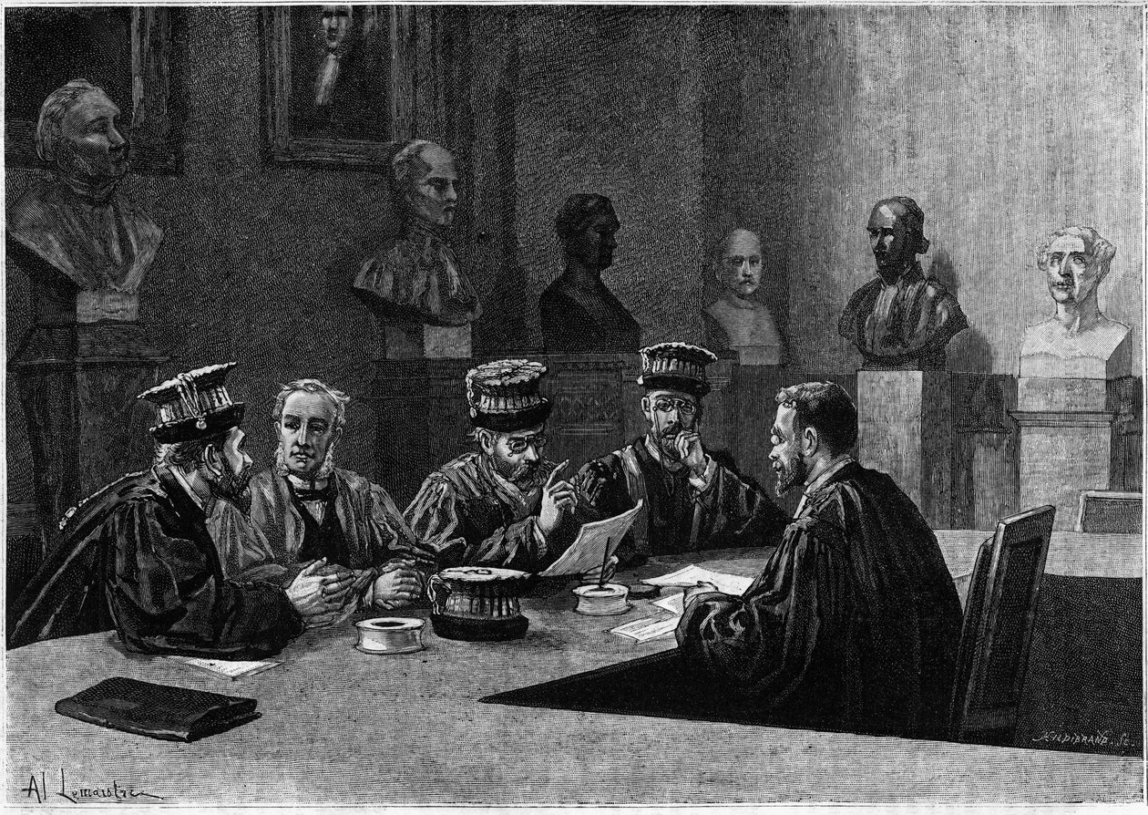 Jejich obhajoba z lékařské fakulty Latinské čtvrti v Paříži. Rytina v „Le journal de la jeunesse““ od Unknown artist