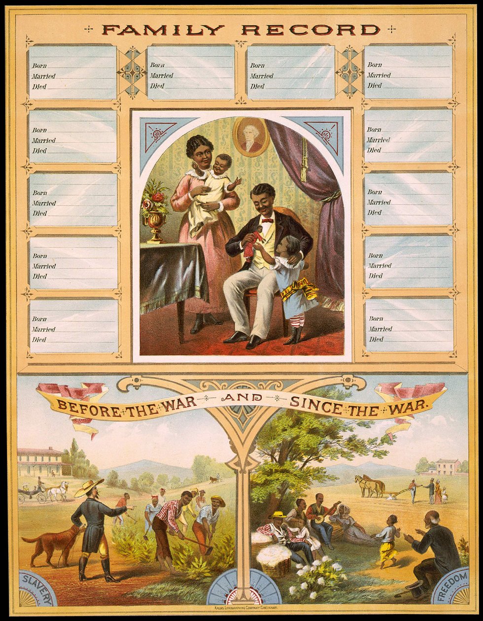 Diagram zobrazující dvě farmy, které porovnávají otroctví a svobodu. Vysoká část vyhrazená pro záznam rodinných výročí. Rytina v. 1880. od Unknown artist