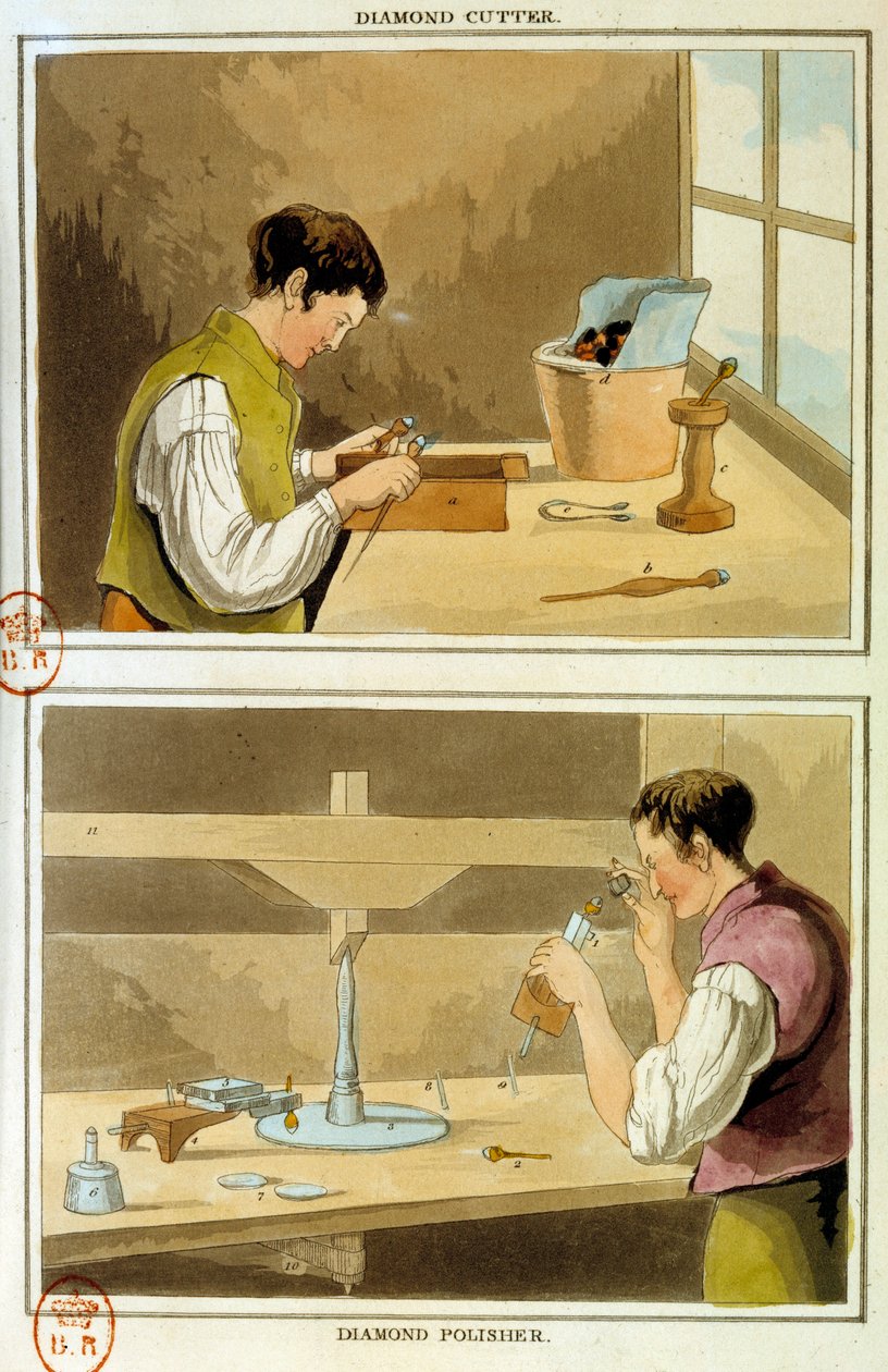 Diamantový řezák. Rytina 19. století Paris, B.N. od Unknown artist