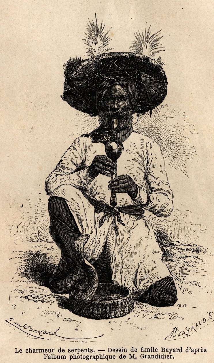 Fakír, zaklínač hadů. Rytina pro ilustraci plavby v poledních provinciích Indie, od Alfreda Grandidiera, v letech 1862-1864, publikovaná v “” le tour du monde””, pod vedením D