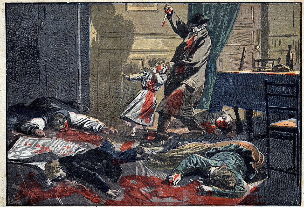 Rodina zavražděná: vražda Leblondovy rodiny Caillardem, silovou jednotkou, v Nassandre, poblíž Bernay. Ilustrace v “” le Pelerin”” z 10. dubna od Unknown artist