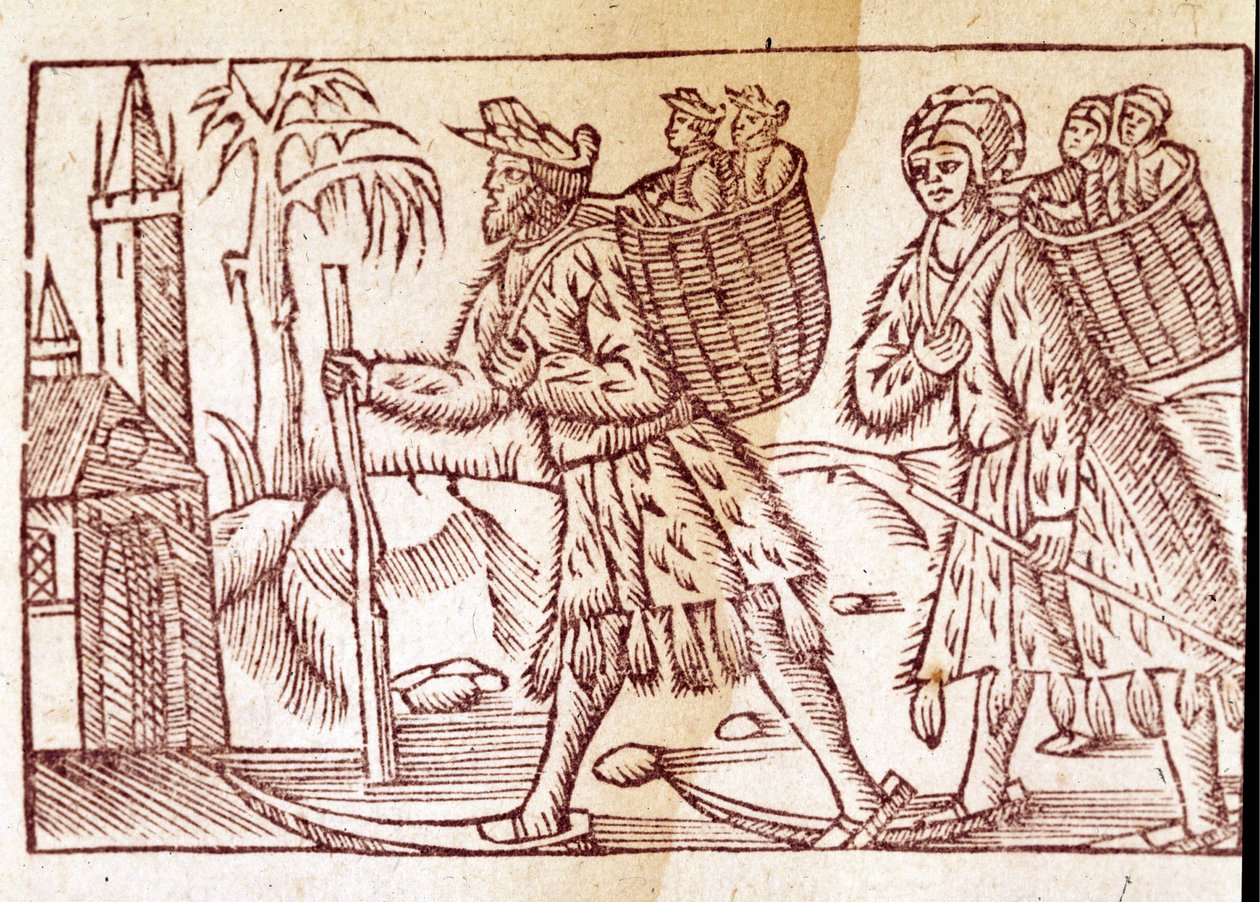 Rodina Norů cestující na lyžích. Rytina Olause Magnuse (1490 - 1557), švédského náboženského a geografa, „Historia de Gentis Septentrionalibus“, Benátky od Unknown artist