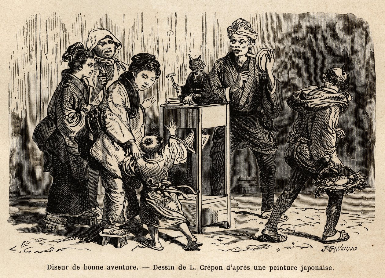 Kartářka v ulicích Eda (nyní Tokio). Rytina pro ilustraci cesty do Japonska od Aime Humberta, ministra Švýcarské konfederace, v letech 1863-1864, publikovaná v „“le tour du monde“ pod vedením Edouarda Chartona, Hachette, Pari od Unknown artist
