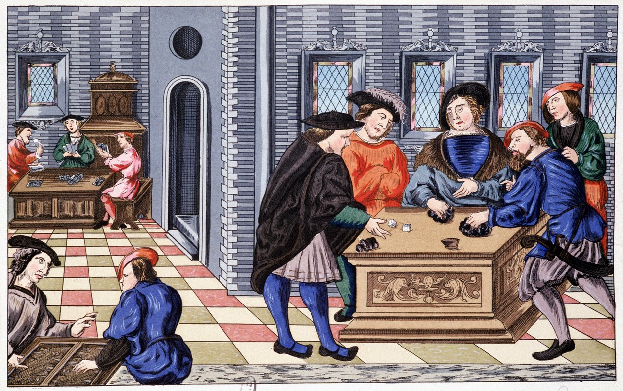 Herní dům v době renesance založený na miniatuře o Vélinovi: od nynějška hra. Chromolitografie 19. století od Unknown artist