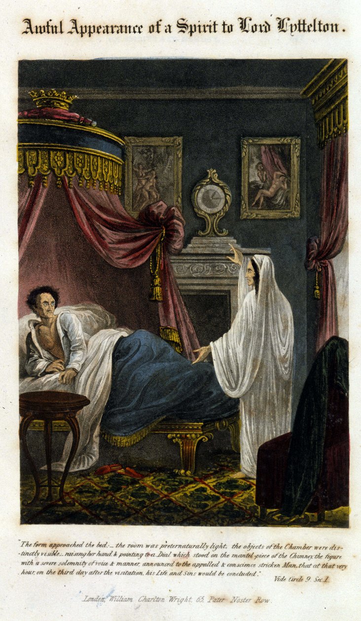 Před lordem Lytteltonem se zjevuje duch, aby oznámil jeho smrt. 1825. Bible. Morando, Milane. od Unknown artist