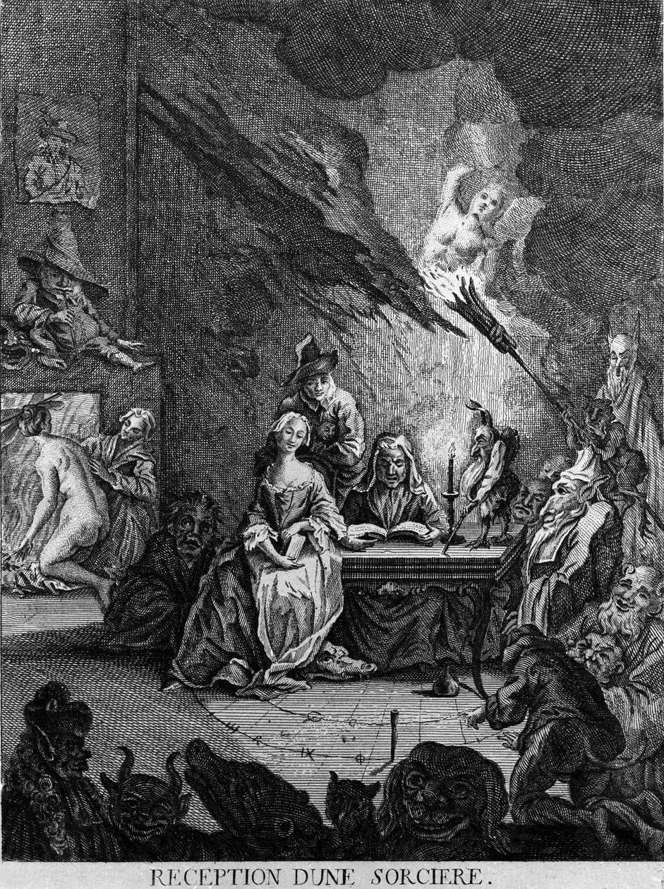 Čarodějnice přijme dívku obklopenou monstrózními stvořeními (při zasvěcovacím obřadu?). Rytina 17. století od Unknown artist