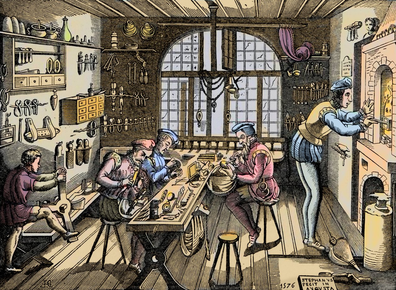 Zlatnická dílna - Řemeslo: pohled na dílnu od Etienna Delauna (1518-1583), zlatníka, francouzského tiskaře. Rytina podle originálu z roku 1576. Dílna Etienna Delaulna, zlatníka v Paříži od Unknown artist
