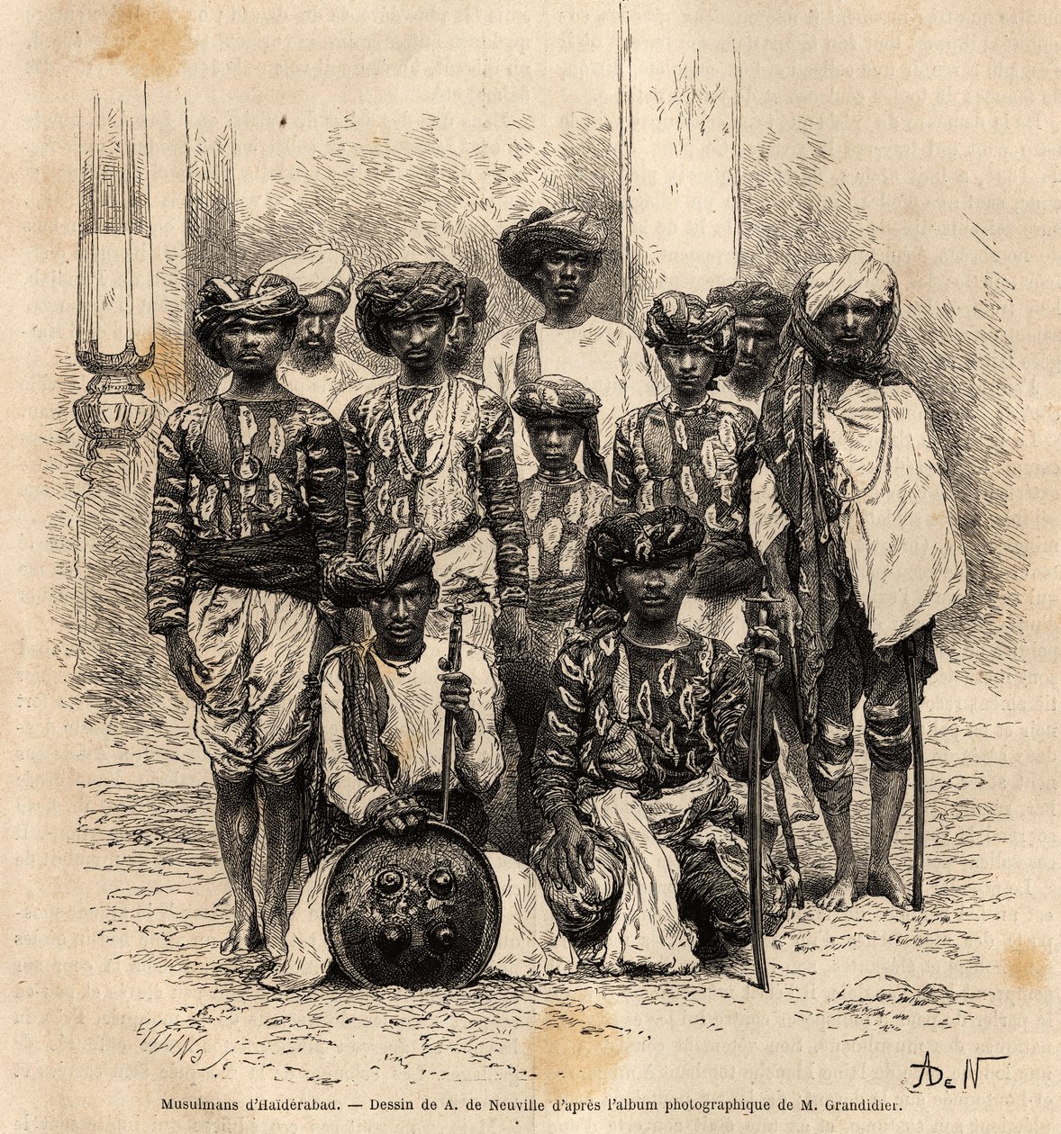 Skupina muslimských mužů v Haiderabad, Pákistán. Rytina pro ilustraci plavby v poledníkových provinciích Indie od Alfreda Grandidiera v letech 1862-1864, publikovaná v „” le tour du monde””, pod vedením D