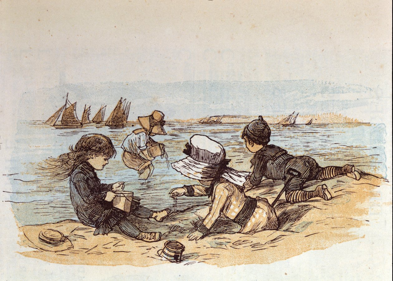 Skupina dětí hrajících si u vody na písku. 1881 od Unknown artist