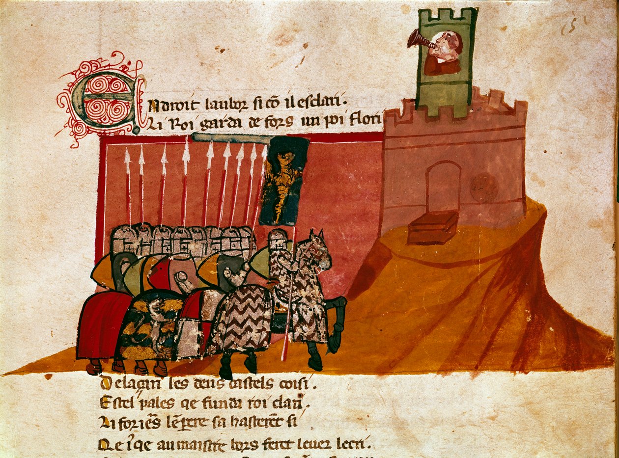 Skupina franských rytířů přijíždí do miniaturního hradu z „Entree of Spain““. Benátky 14. století, Biblioteca Marciana. od Unknown artist