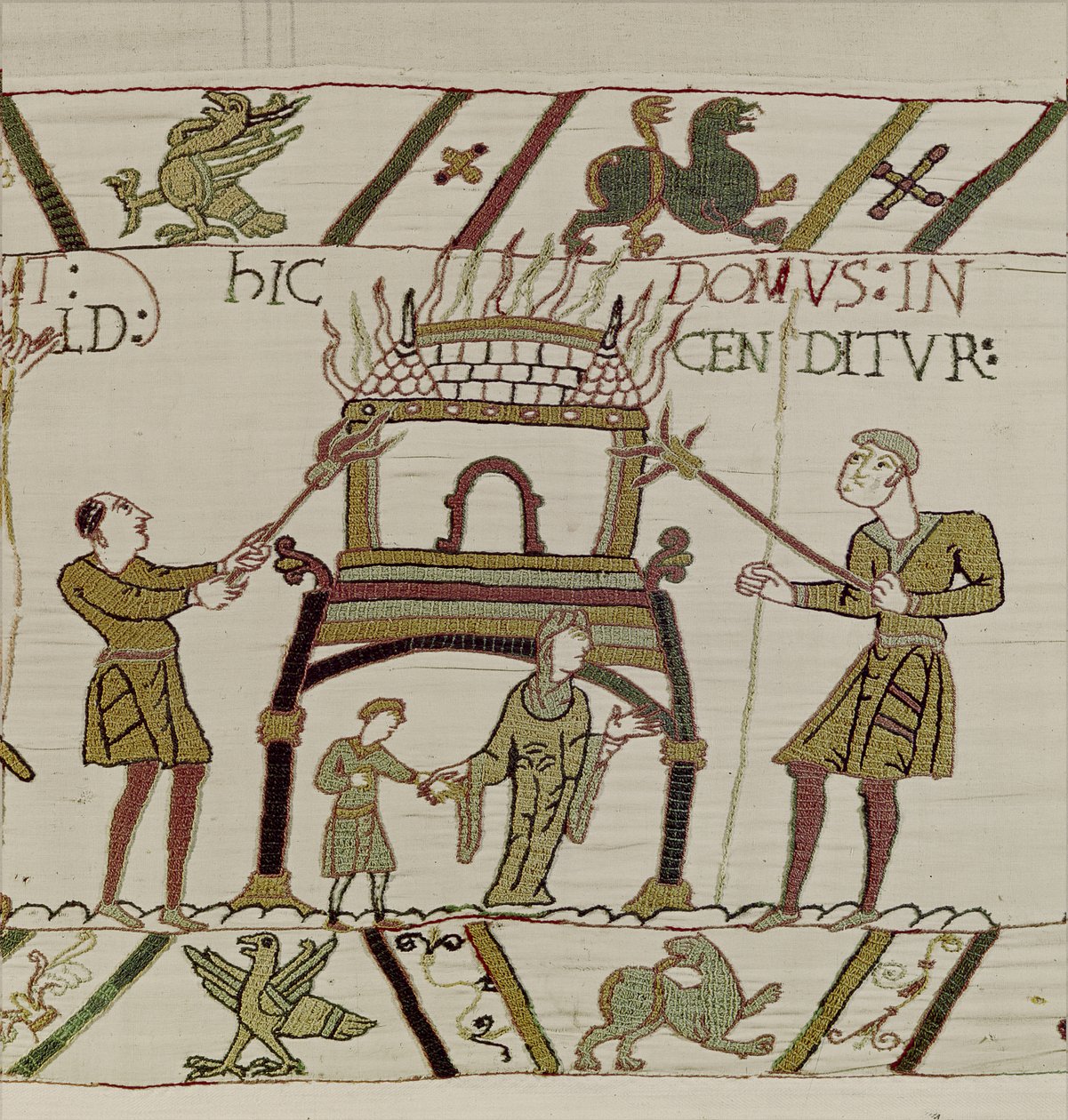 Dům je vypálen Normany, Bayeux Tapestry (vlněná výšivka na plátně) od Unknown artist