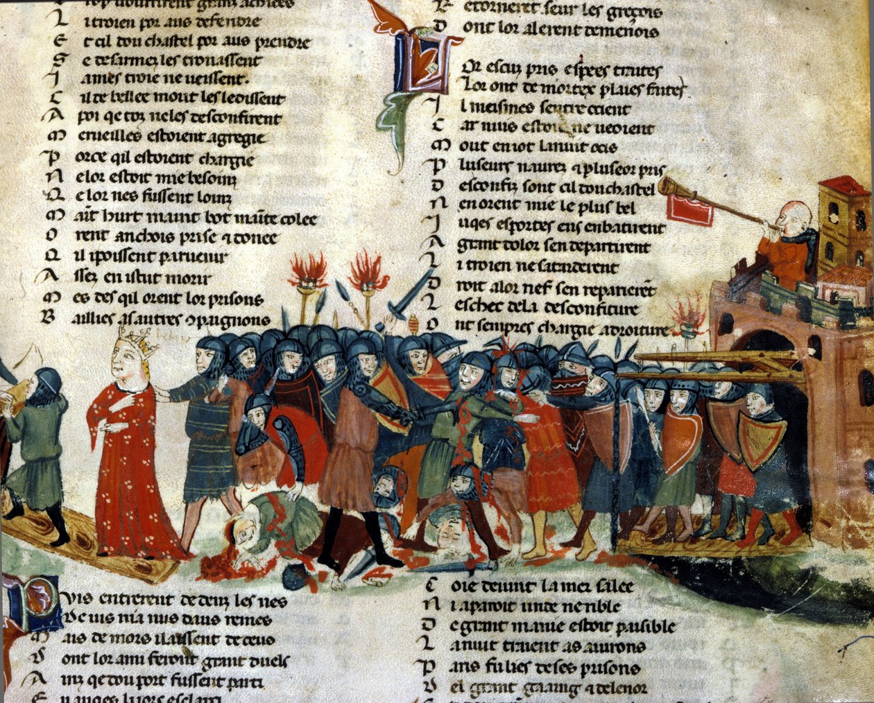 Král je zajat a odvezen nepřátelskou armádou, zatímco oběti bitvy leží na zemi. Miniatura „Roman de Troy““ od Benoita de Saint Maure. Biblioteca Marciana ze 14. století, Benátky od Unknown artist