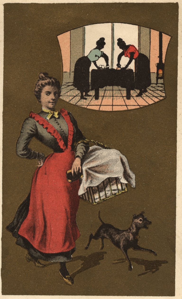 Pračka nesoucí prádlo v koši. Anonymní chromolitografie, konec 19. století. od Unknown artist